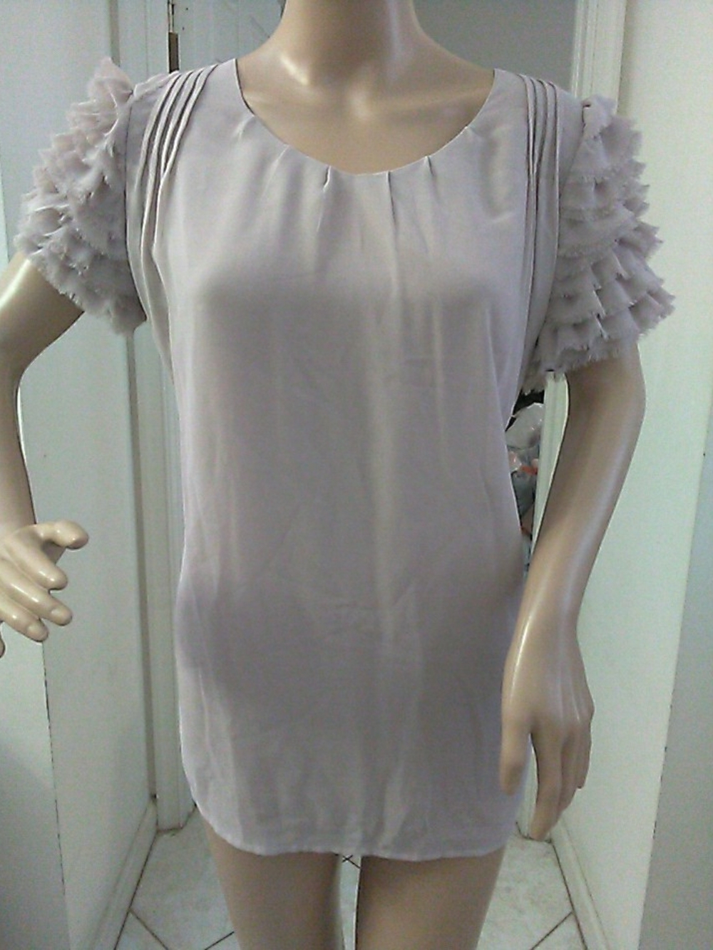 LK. NEW Love Stitch Lilac Ruffle Sleeve Blouse TIE FRONT / BACK SZ. M 2 LAYERS
